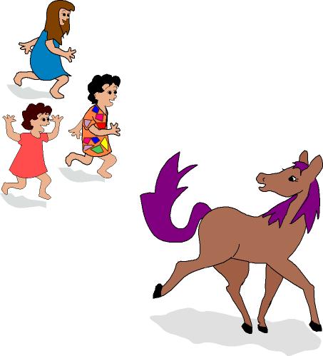 kids chasing horse